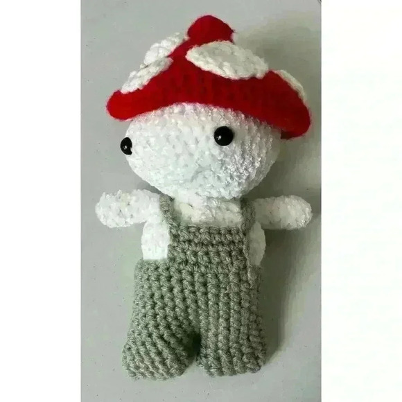 Mushroom Baby Kid Doll With Red Mushroom Cap Very Soft Chenille Yarn Overalls - Picture 1 of 11